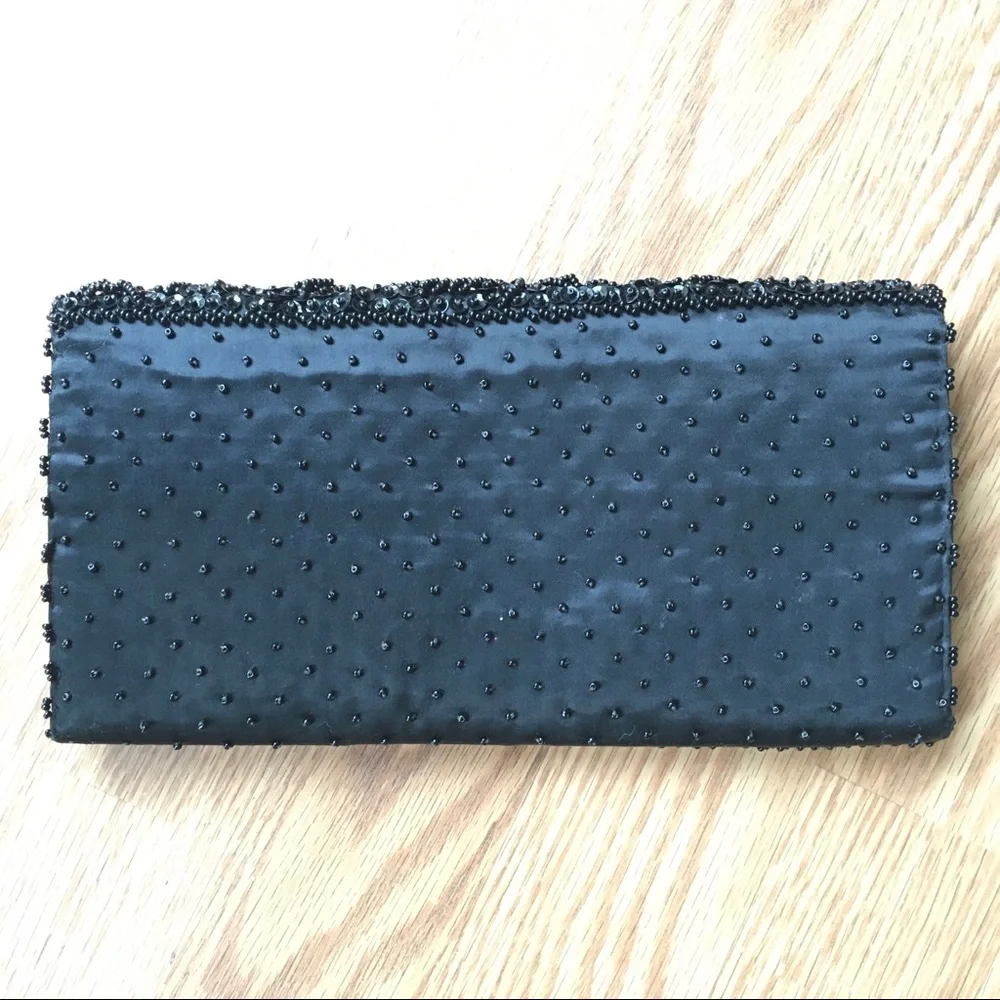 La Regale Ltd VINTAGE Black‎ Satin Hand beaded Evening Formal Clutch Bag Purse